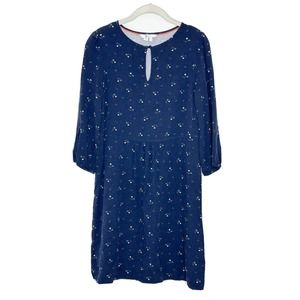 BODEN Women's Keyhole Jersey Navy Blue Floral Babydoll 3/4 Sleeve Dress Sz 8L
